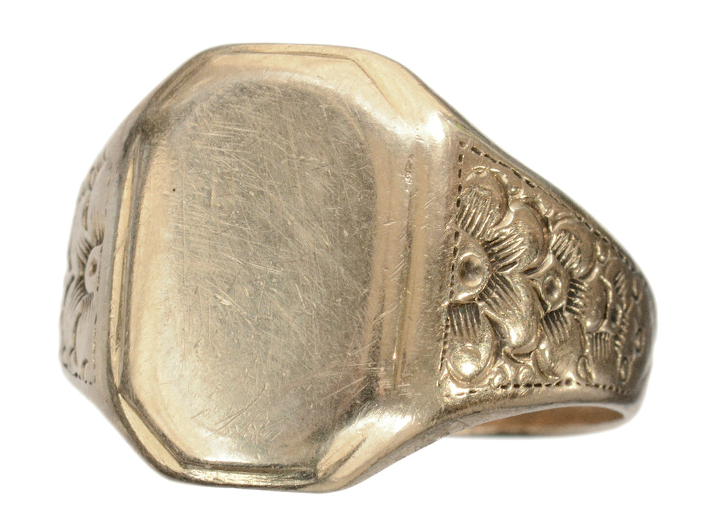 Right Side view of 1900's Men's Floral Rosy Gold Signet Ring (on white background)