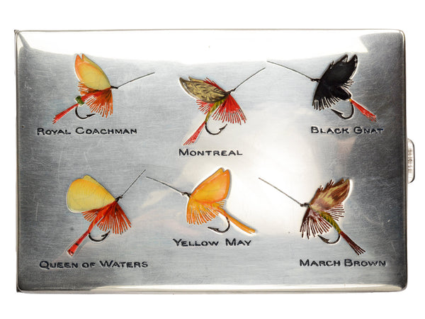 Sterling cigarette case with fly fishing lures labeled 'Royal Coachman', 'Montreal', 'Black Gnat', 'Queen of Waters', 'Yellow May', and 'March Brown'.