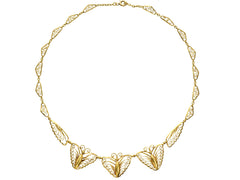 thumbnail of An antique French gold filigree necklace featuring three large butterfly motifs at the front, suspended from a delicate linked chain with small leaf-like elements, shown on a plain white background.