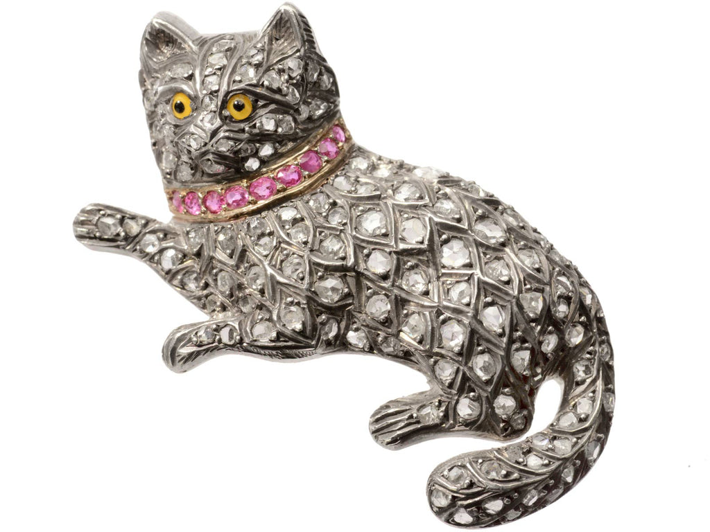 c1880 Pet Cat Brooch with Diamond and Rubies (shown on white background)