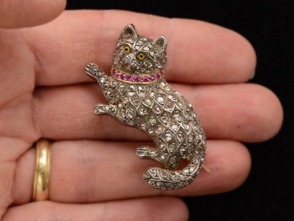 c1880 Pet Cat Brooch with Diamond and Rubies (shown on hand for scale)