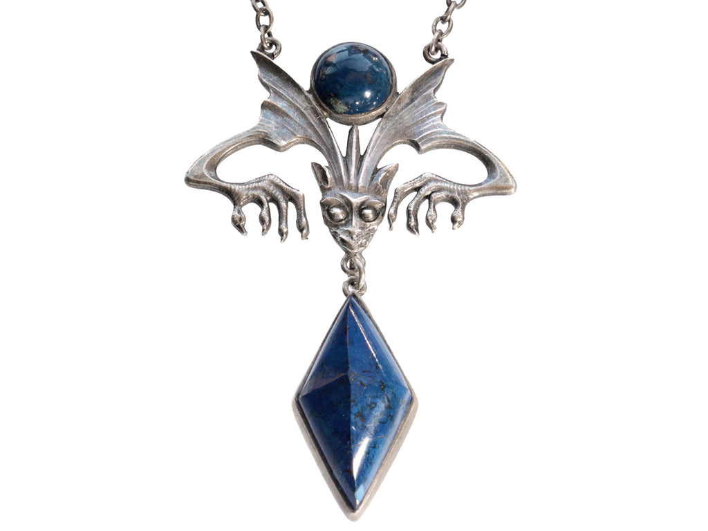 Detail of c1900 Silver Gargoyle and Blue Sodalite Pendant  Necklace (on white background)