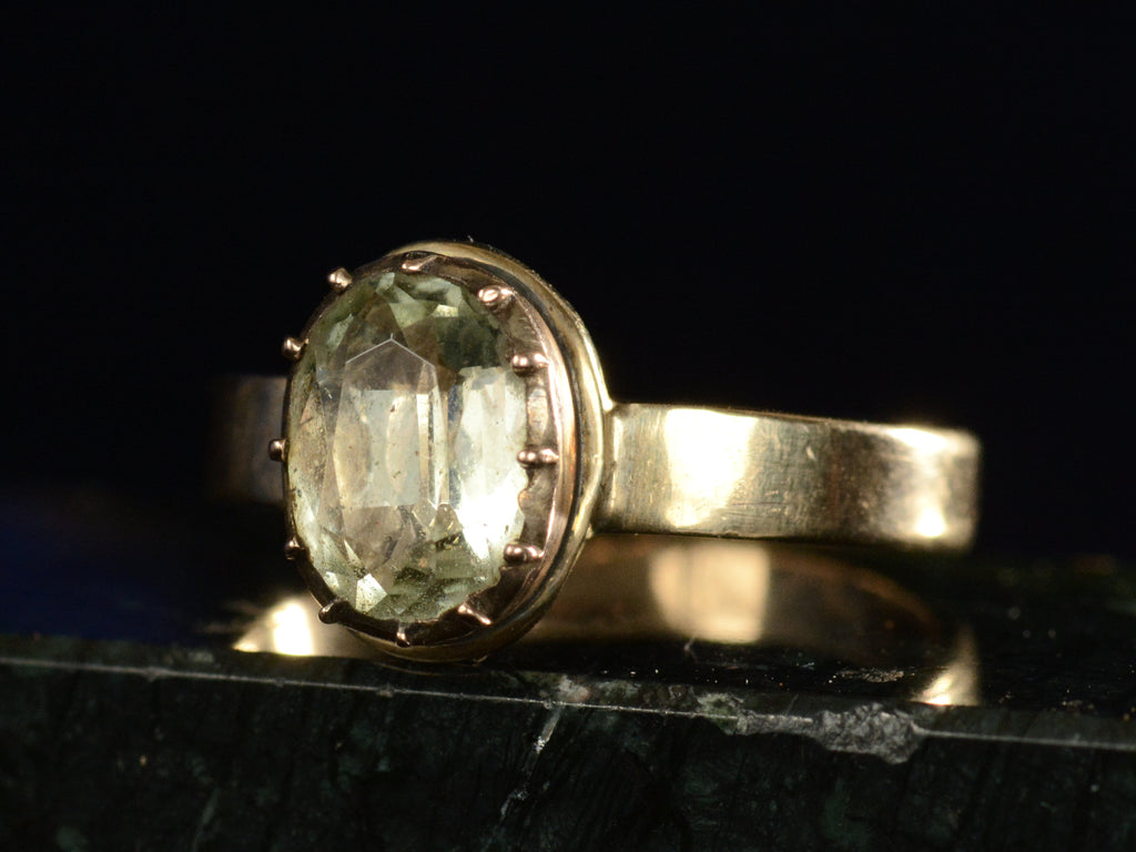 c1800 Georgian Beryl and Rose Gold Ring (side angle view on black background)