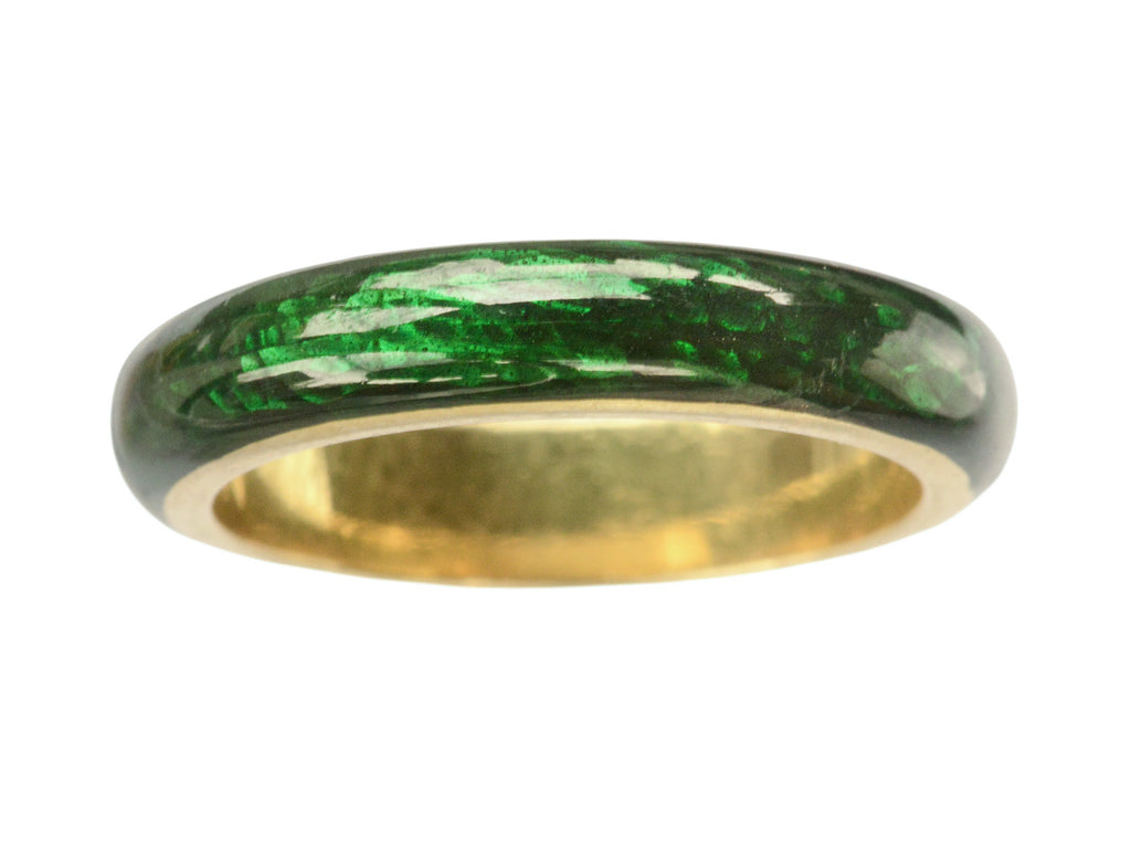 A heavy vintage 18K yellow gold rounded band with dark green enamel, shown on white background.