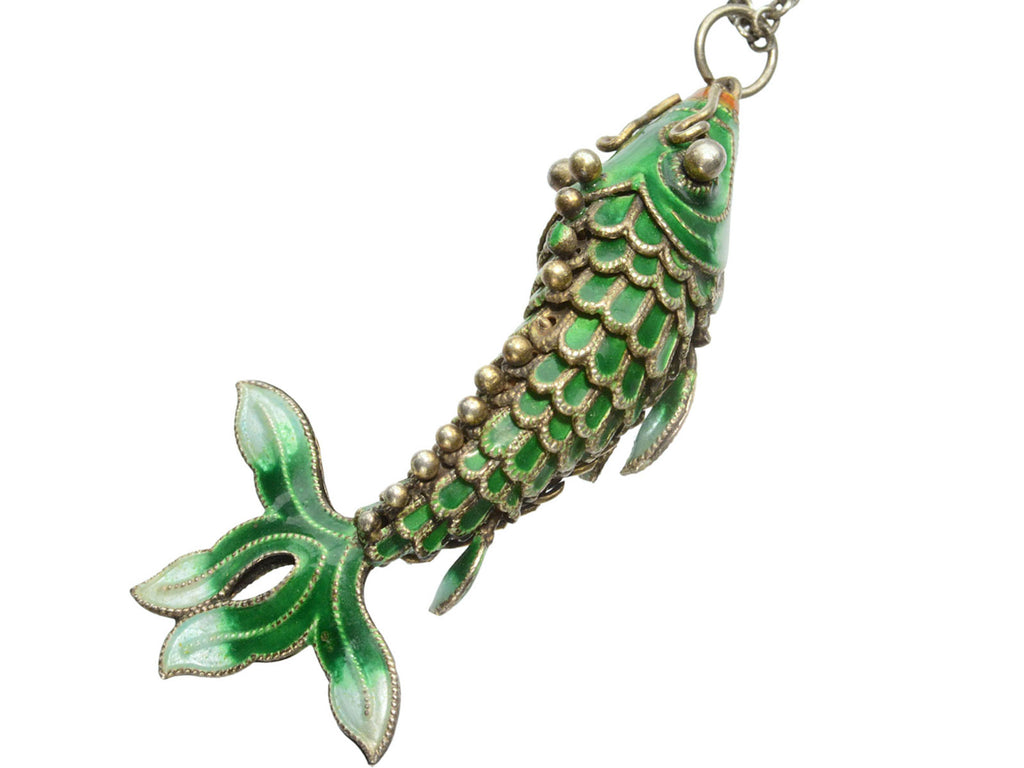 Detail of c1960 Green Enamel Fish Pendant (on white background)
