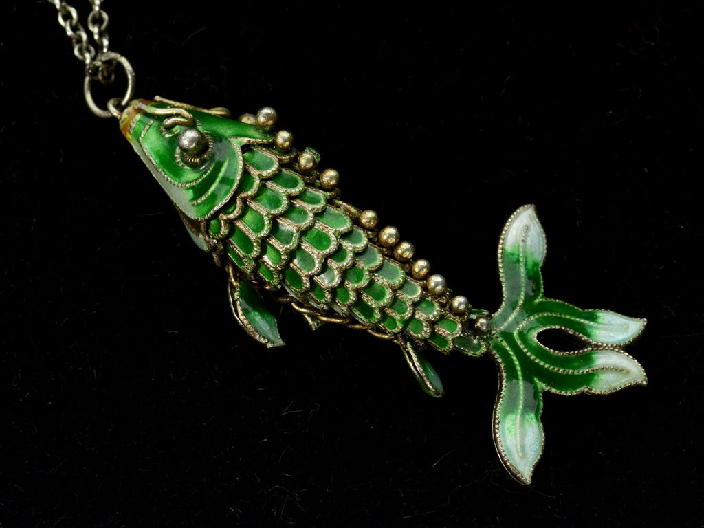 Alternate side detail of c1960 Green Enamel Fish Pendant (on black background)