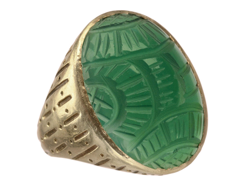 Right angled view of c1930 Carved Green Onyx and Yellow Gold Ring (shown on white background)