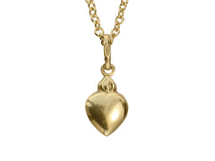 thumbnail of Yellow gold flaming heart shaped charm  hanging on a cable chain, shown on white background. A stamp on the the bale reads "UNO AR."