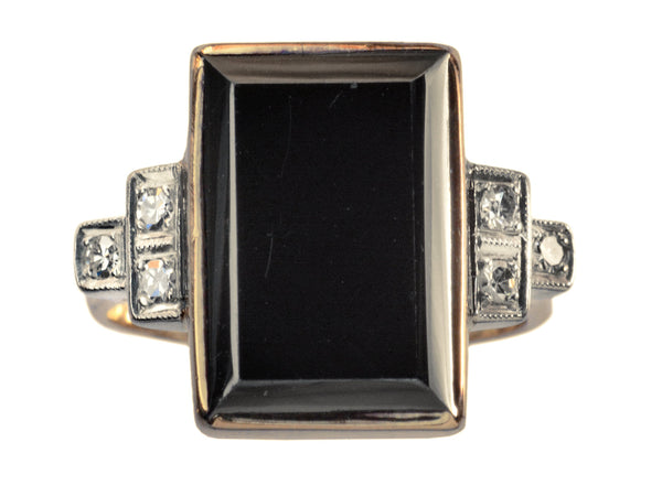 c1930 Rectangular Black Hematite & Diamond Ring in Yellow and White Gold (on white background)