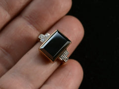 thumbnail of c1930 Rectangular Black Hematite & Diamond Ring in Yellow and White Gold (on finger)