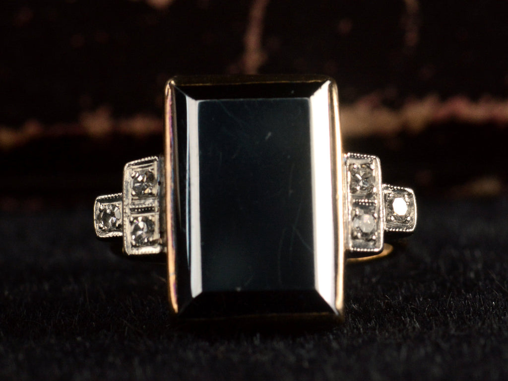 Front profile photo of c1930 Rectangular Black Hematite & Diamond Ring in Yellow and White Gold (on dark background)