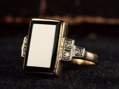 thumbnail of Right angled photo of c1930 Rectangular Black Hematite & Diamond Ring in Yellow and White Gold (on dark background)