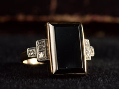 thumbnail of Left angled photo of c1930 Rectangular Black Hematite & Diamond Ring in Yellow and White Gold (on dark background)