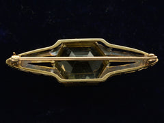 thumbnail of Reverse side of antique Art Deco brooch with hexagonal citrine and gold wings, shown on dark background.