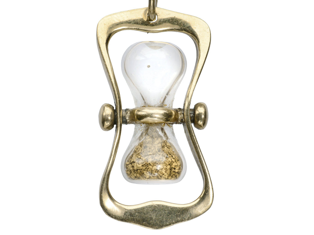 c1970 Yellow Gold Hourglass Pendant with Gold Flakes inside glass (on white background)