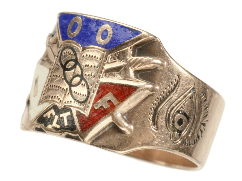 Right angle view of c1900 Enamel Oddfellows Ring with Red, White and Blue Enamel, and an image of an eye in rosy gold (on a white background)