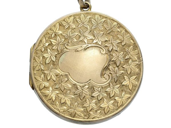 c1890 Victorian Gold Locket with Ivy Pattern (on white background)