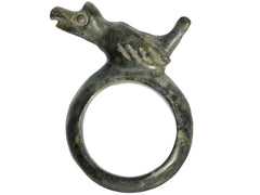 thumbnail of Side profile of carved nephite jade figural ring with bird. Shown on white background.