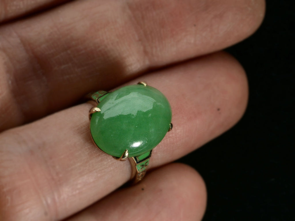 c1920 Art Deco Jade Ring (on finger for scale)