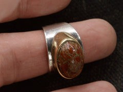 thumbnail of Fossilized red jasper cabochon set in gold bezel on silver shank, shown on dark textured background.
