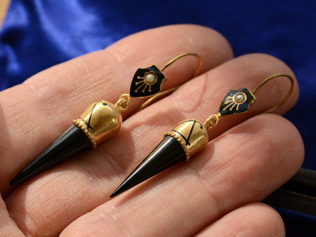 c1880 Black Jet Spike and Yellow Gold Earrings (on hand for scale)