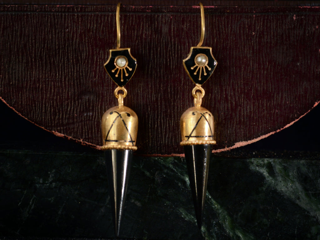 c1880 Black Jet Spike and Yellow Gold Earrings (on dark red and green marble background)