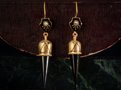 thumbnail of c1880 Black Jet Spike and Yellow Gold Earrings (on dark red and green marble background)