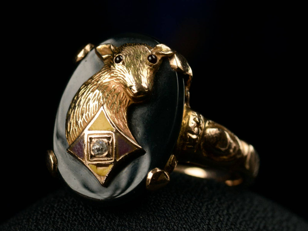 Right angle view c1930 Lamb Signet Ring (on black background)