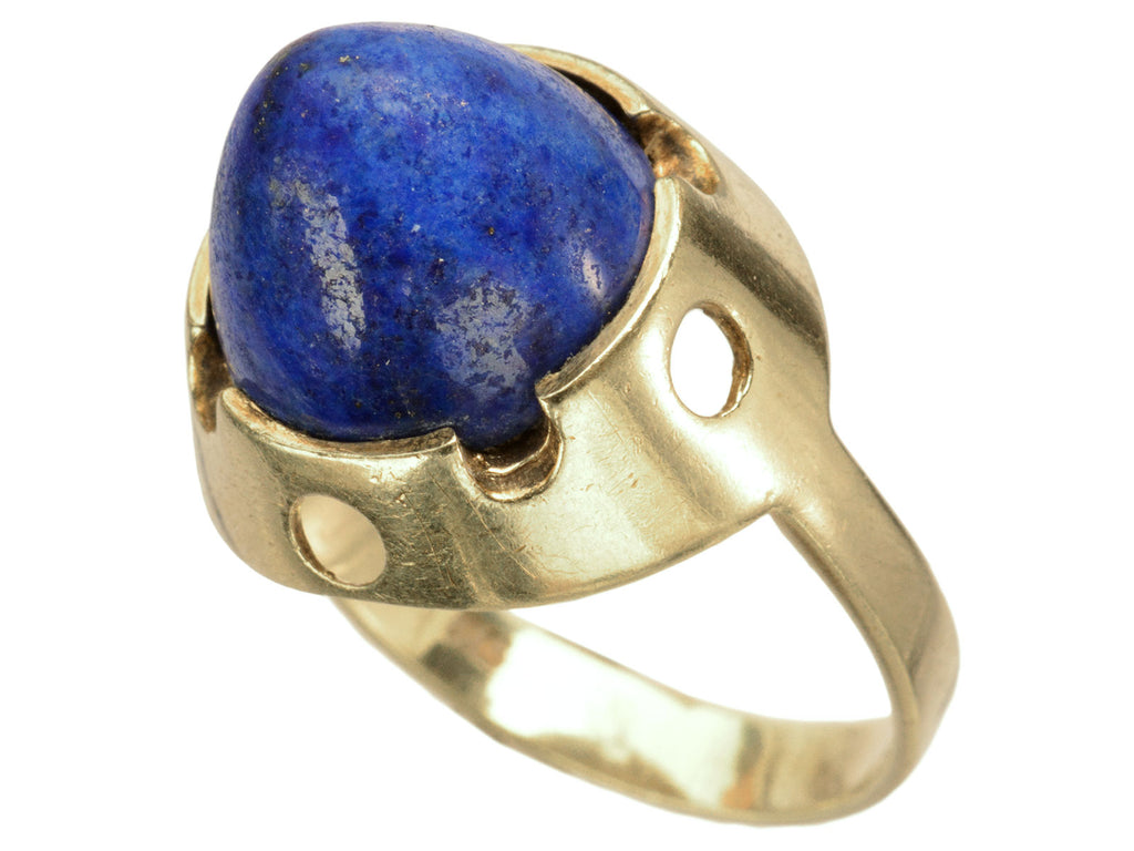 Angled view of c1970 Conical Lapis and Yellow Gold Ring (on white background)