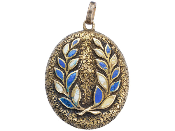 Oval antique gold locket with laurel design in blue and white enamel, shown on white background.