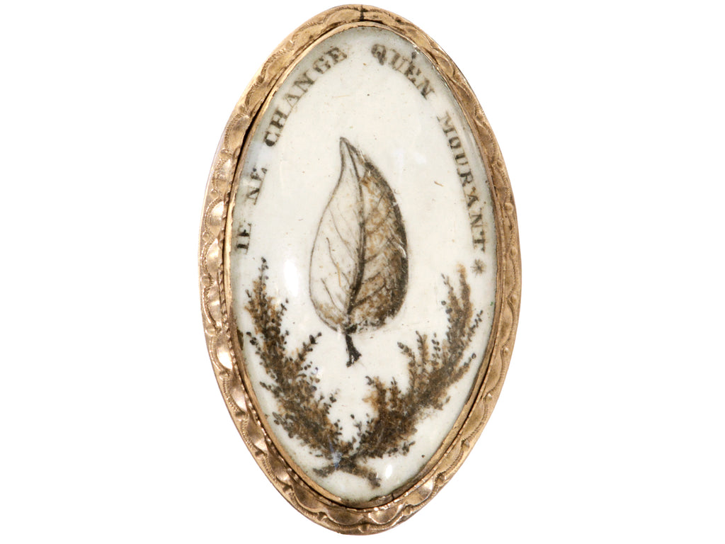 c1800 Georgian Sepia Miniature of an ivy leaf with the words "je ne change qu'en mourant" (shown on white background)