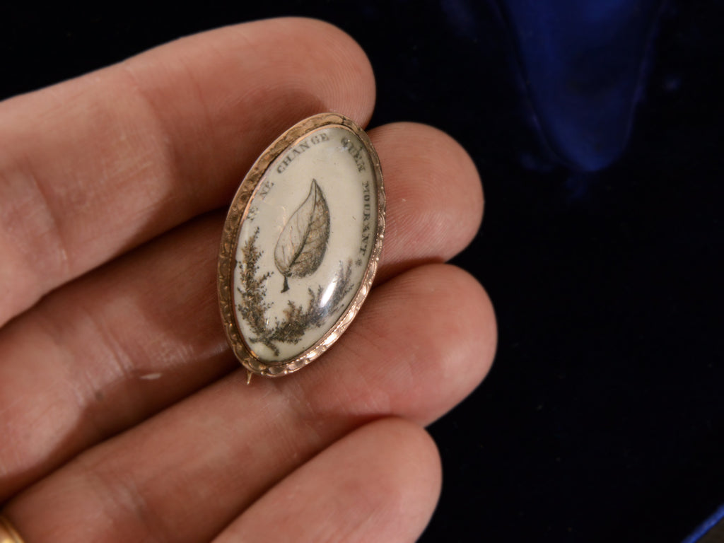 c1800 Georgian Sepia Miniature of an ivy leaf with the words "je ne change qu'en mourant" (shown on hand for scale)