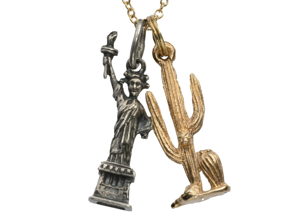 Vintage Silver Statue of Liberty and Gold Cactus Charms Necklace (on white background)