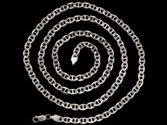 thumbnail of Long mariner style link silver chain shown coiled on black background.