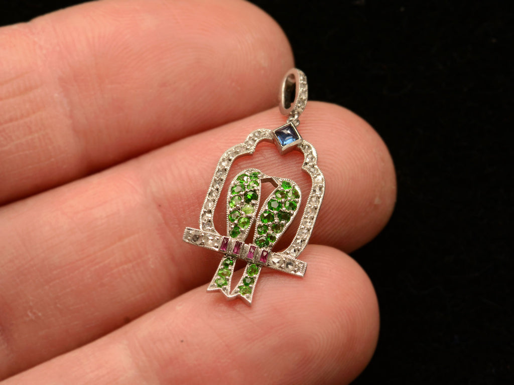 c1900 Lovebirds Pendant (on hand for scale)