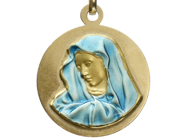 A vintage 18K yellow gold medal with the image of the Virgin Mary in blue enamel, on white background.