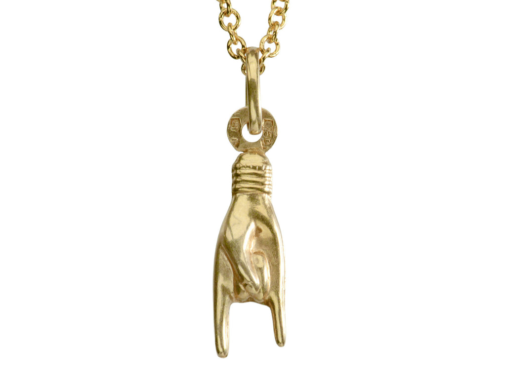 Vintage Yellow Gold Sign of the Horns Hand Pendant on Chain (shown on white background). Stamps visible are Italian hallmarks reading "1 AR" and "750"