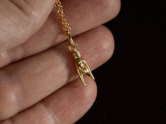 thumbnail of Vintage Yellow Gold Sign of the Horns Hand Pendant on Chain (shown on hand). Stamps visible are Italian hallmarks reading "1 AR" and "750"