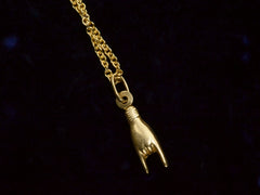 thumbnail of Reverse side of Vintage Yellow Gold Sign of the Horns Hand Pendant on Chain (shown on dark background). 
