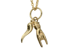 thumbnail of Pair of vintage gold Italian charms: a horn and a hand gesturing the sign of the horns. Shown on white background.