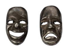 thumbnail of A pair of oxidized silver theatrical mask stud earrings depicting tragedy and comedy. On white background.