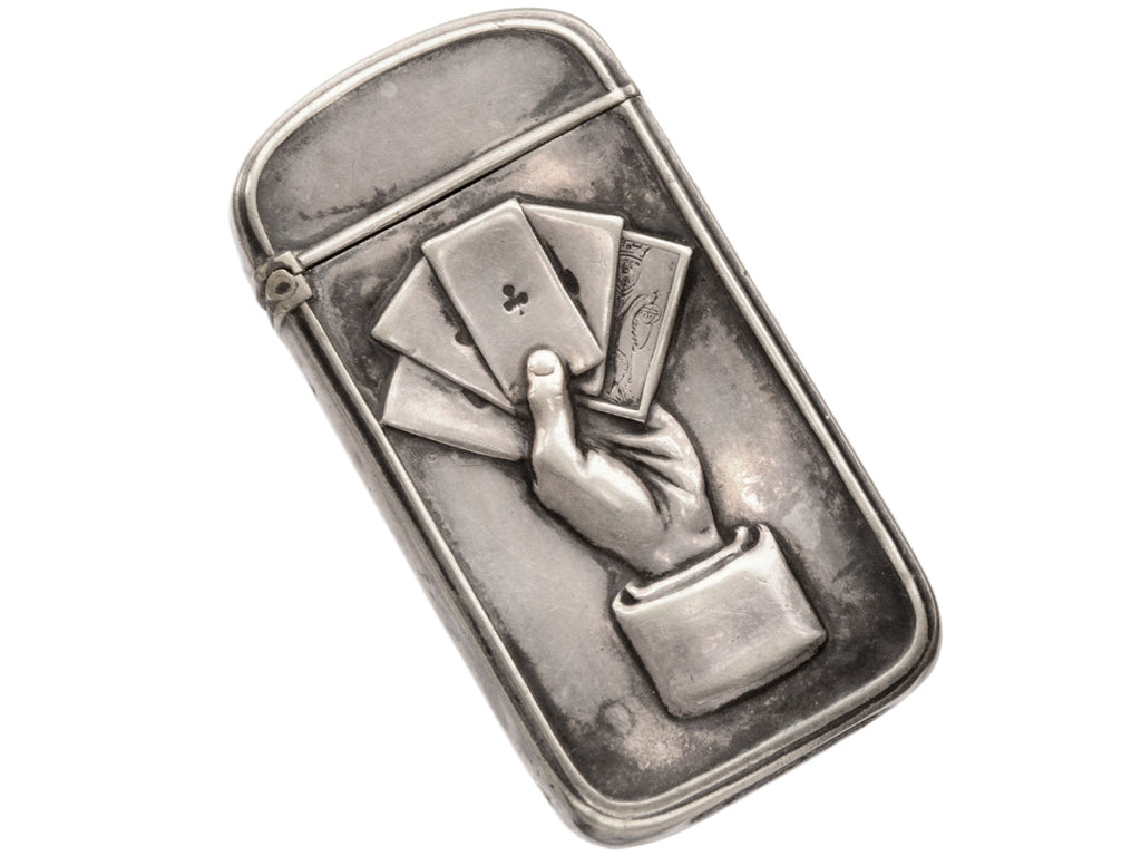 c1890 Victorian Silver Plated Gambling Themed Match Safe (Front showing hand holding playing cards) On white background.