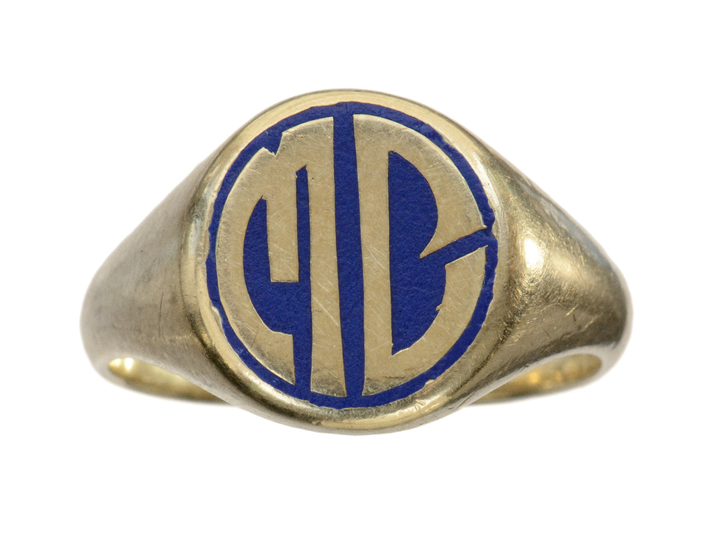 c1920 Round Signet Ring in Yellow Gold with the initials MC in blue enamel, shown on white background