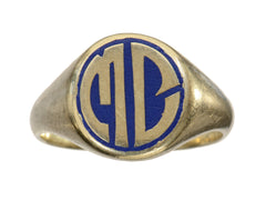 thumbnail of c1920 Round Signet Ring in Yellow Gold with the initials MC in blue enamel, shown on white background