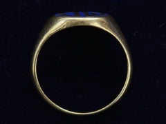 thumbnail of Side profile of c1920 Round Signet Ring in Yellow Gold with the initials MC in blue enamel, shown on black background