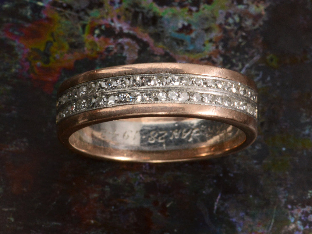 Vintage Men's Diamond Band in Platinum and Rose Gold (shown on dark colorful background)