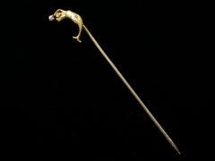 thumbnail of c1890 Yellow Gold Mermaid Stick Pin with a diamond, shown on black background.