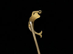 thumbnail of Reverse stide detail of c1890 Yellow Gold Mermaid Stick Pin with a diamond, shown on black background.