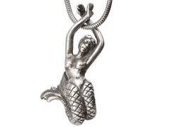thumbnail of Detail of vintage silver mermaid pendant on snake chain, on white background.