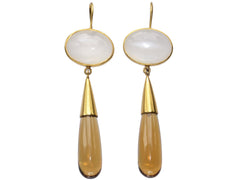 thumbnail of Pair of 18K yellow gold earrings with oval moonstone tops and amber-colored quartz teardrop pendants, shown on white background.